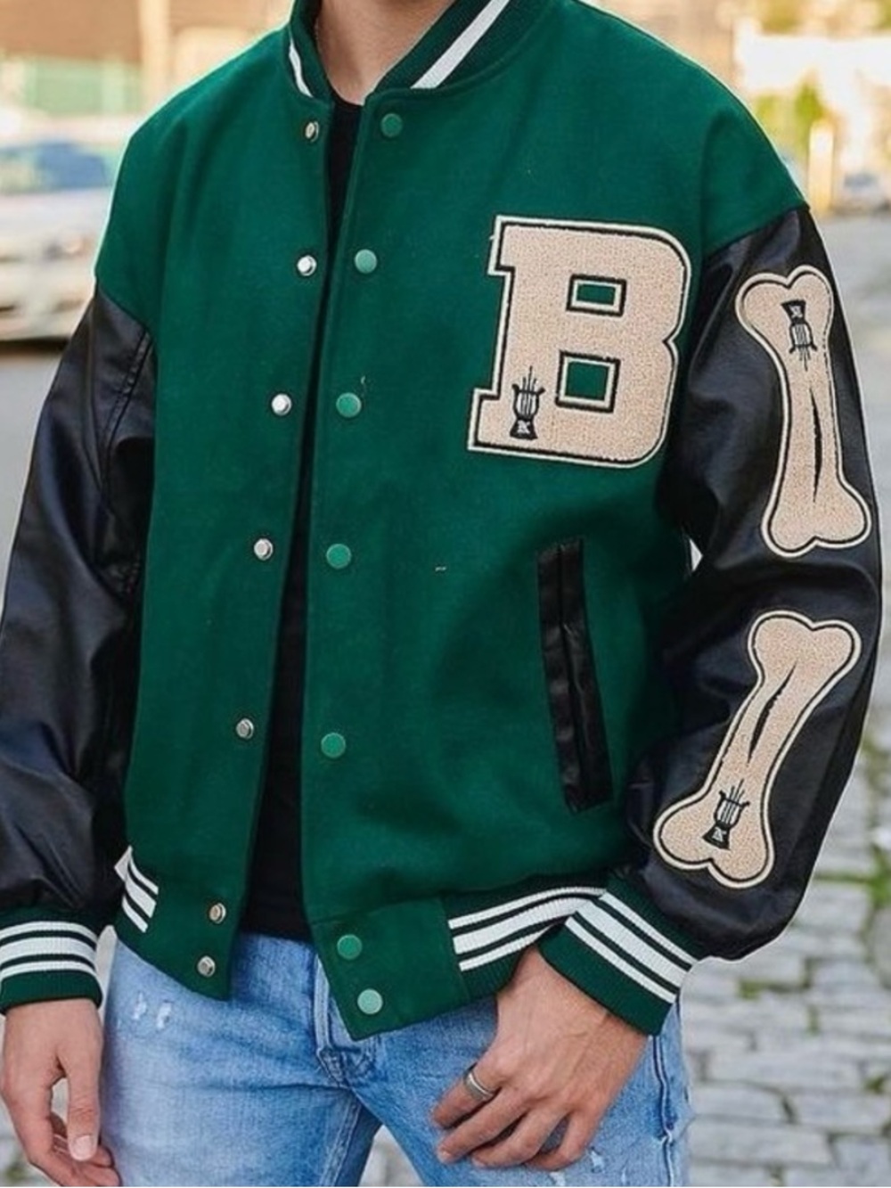 Aelfric Eden Vintage Bone PU Flocking Varsity Letterman Jacket Size L
